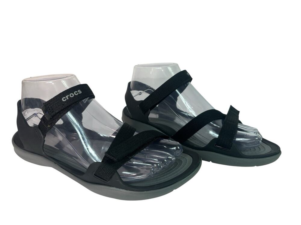 Crocs Womens Size 7 Iconic Comfort Swiftwater Webbing Black Ankle Strap Sandals